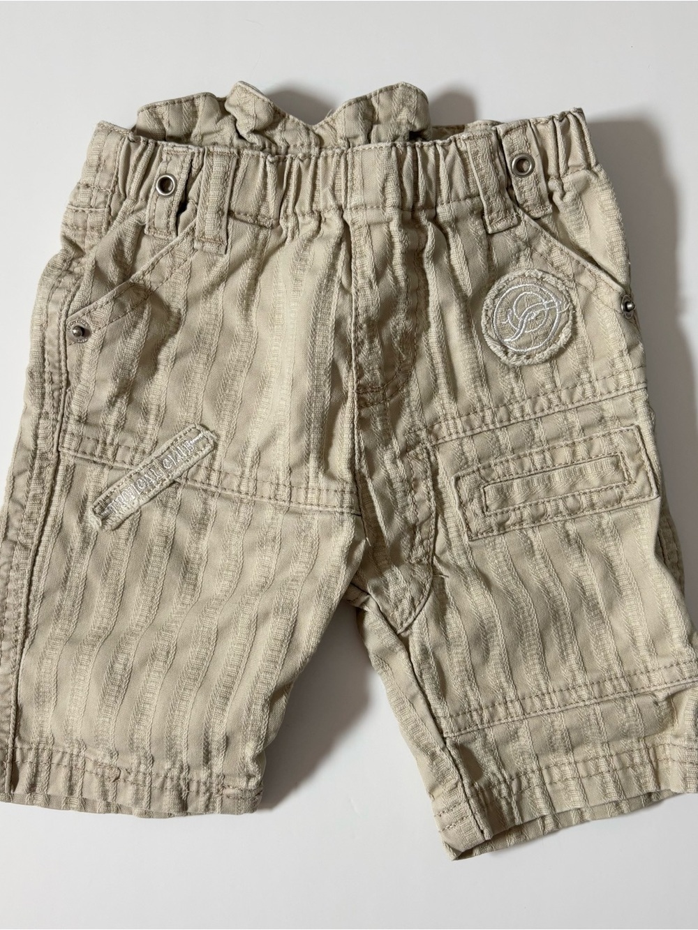 Vintage Unique Textured Orchestra Stripe Cargo Shorts Khaki Beige Baby Boy 12M